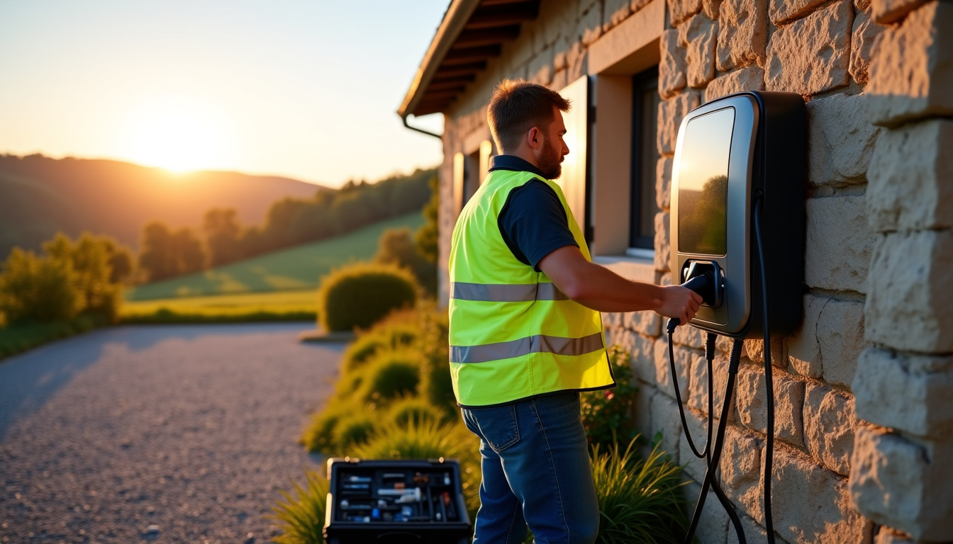 Électricien en train d’installer une borne de recharge dans un environnement rural à Seboncourt