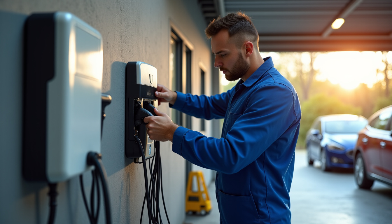 Électricien en train d’installer une borne de recharge dans un garage à Drocourt