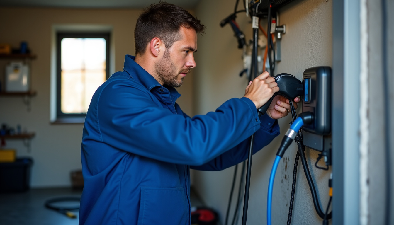 Électricien en train d’installer une borne de recharge dans un garage à Ploubazlanec