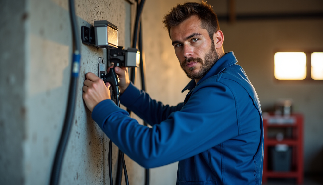 Électricien en train d’installer une borne de recharge dans un garage à Rabastens-de-Bigorre