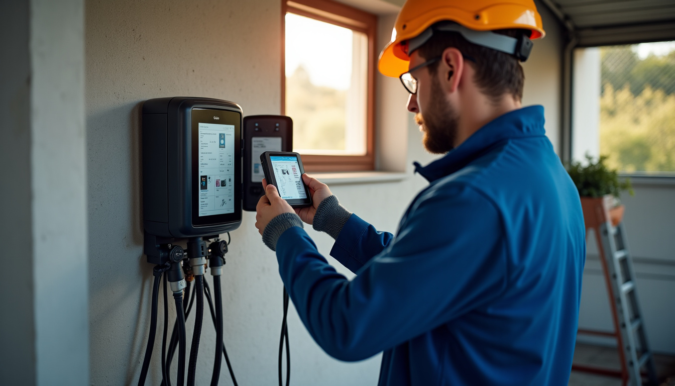 Électricien en train d’installer une borne de recharge dans un garage à Rânes