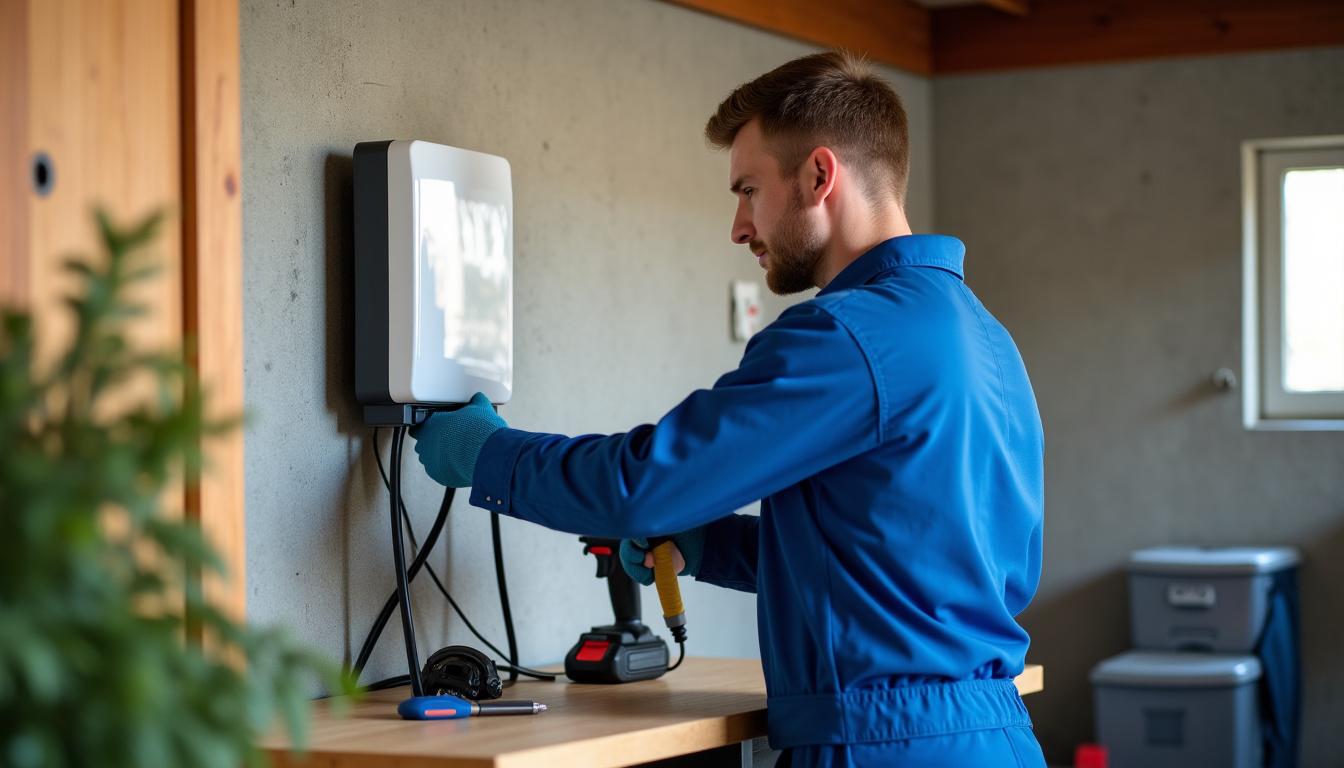Électricien en train d’installer une borne de recharge murale dans un garage à Marchaux-Chaudefontaine