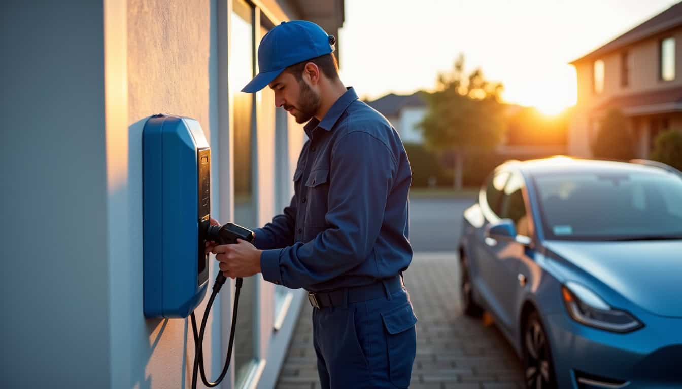 Électricien en train d’installer une borne de recharge murale pour véhicule électrique