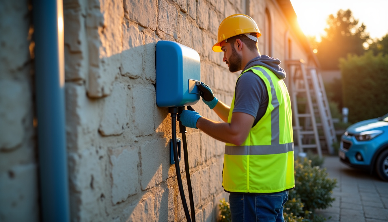 Électricien en train d’installer une borne de recharge sur un mur extérieur, avec équipement de sécurité