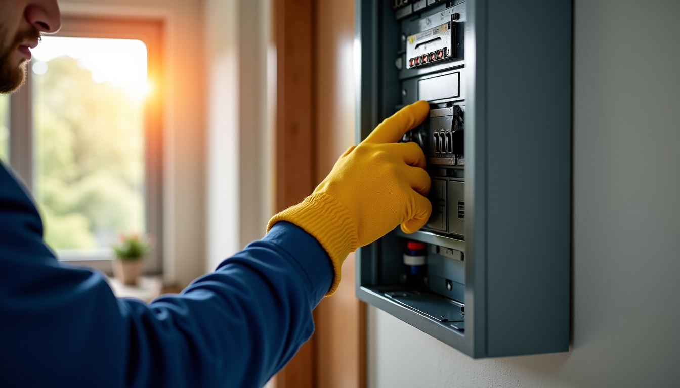 Électricien examinant un tableau électrique dans une maison à Oisemont