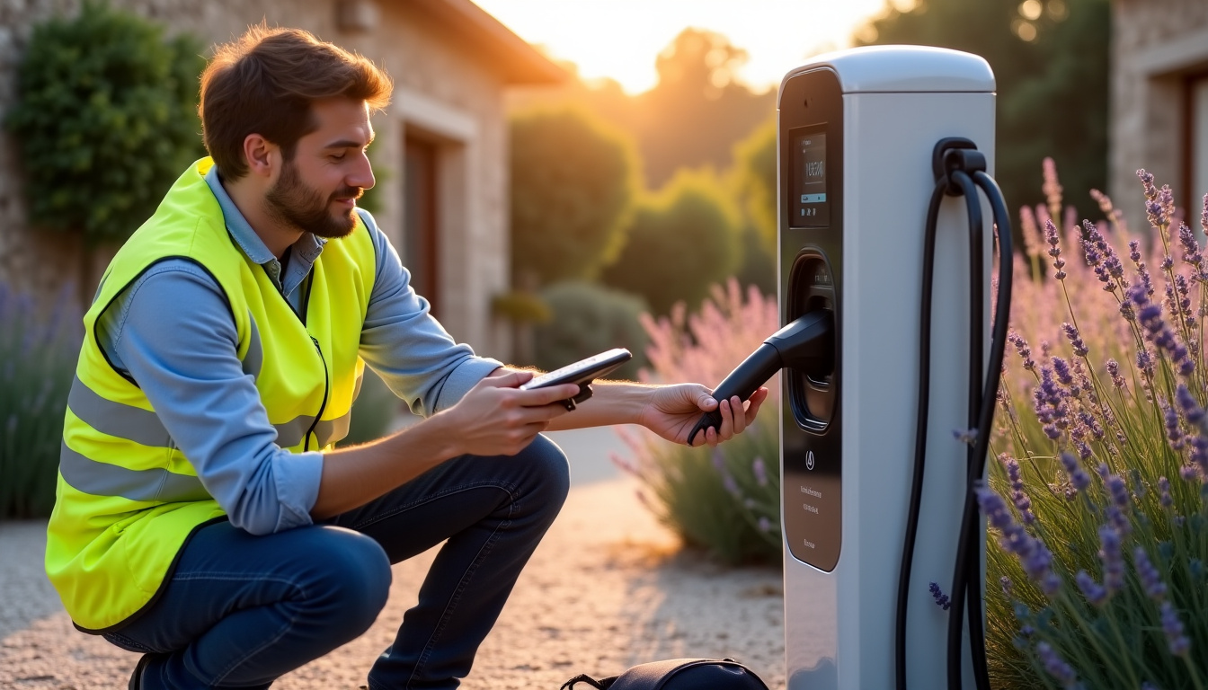 Électricien IRVE en train de tester une borne de recharge à Callian