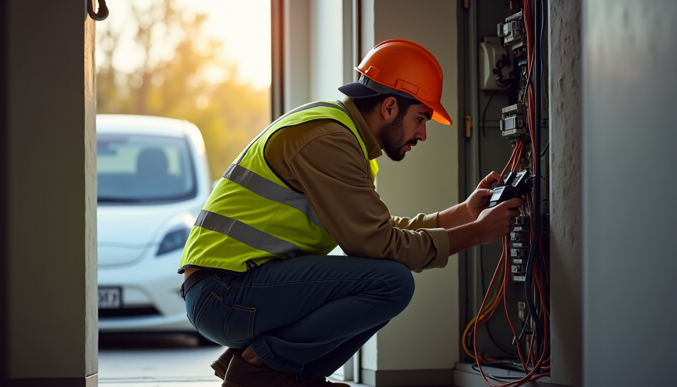 Électricien IRVE réalisant un diagnostic électrique avant installation d
