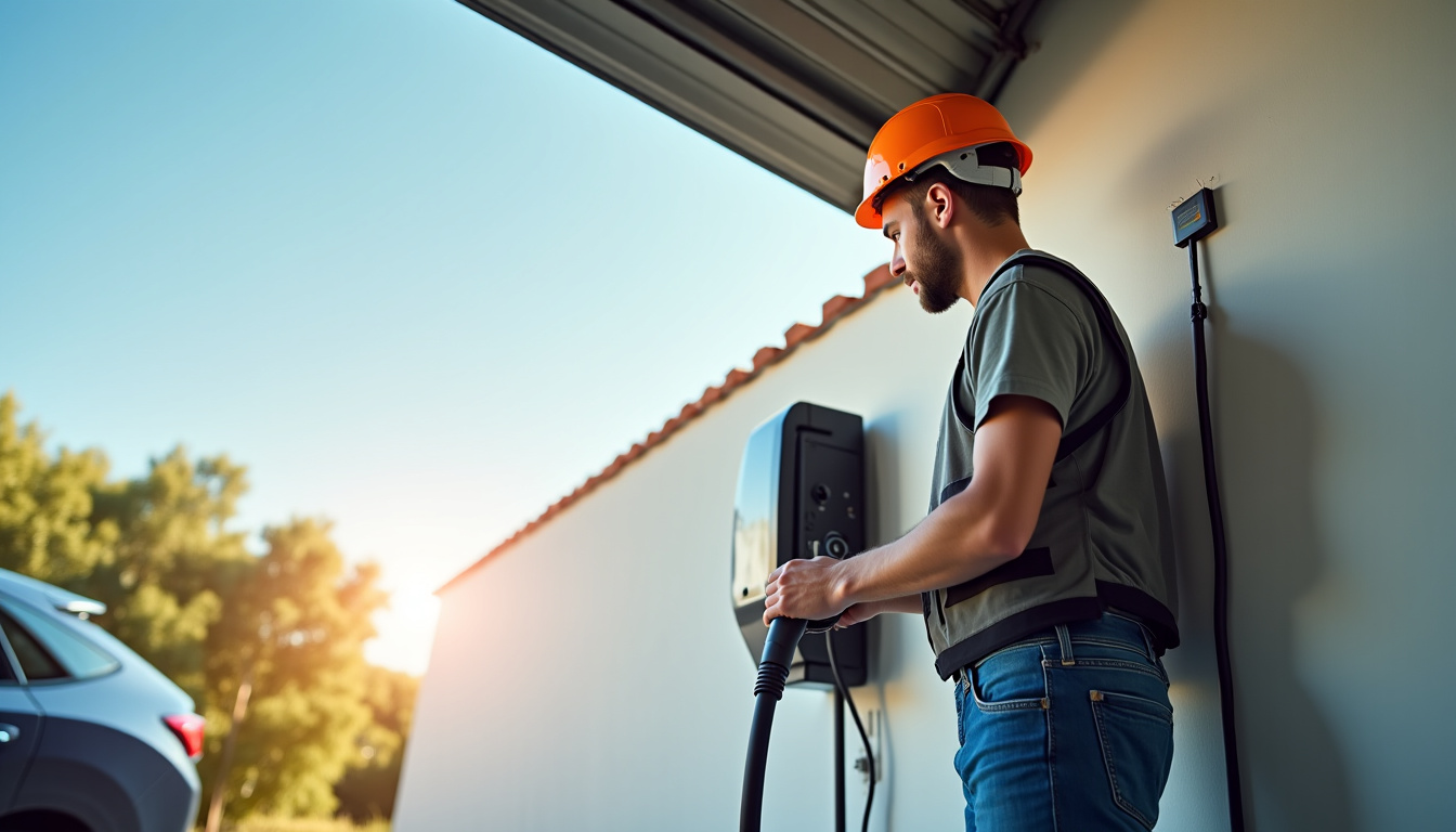 Électricien professionnel en train d’installer une borne de recharge électrique à Barjac