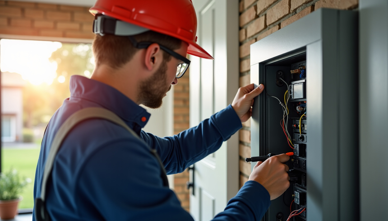 Électricien qualifié IRVE en train de raccorder une borne de recharge électrique dans un logement à Billiers, montrant le câblage dans le tableau électrique