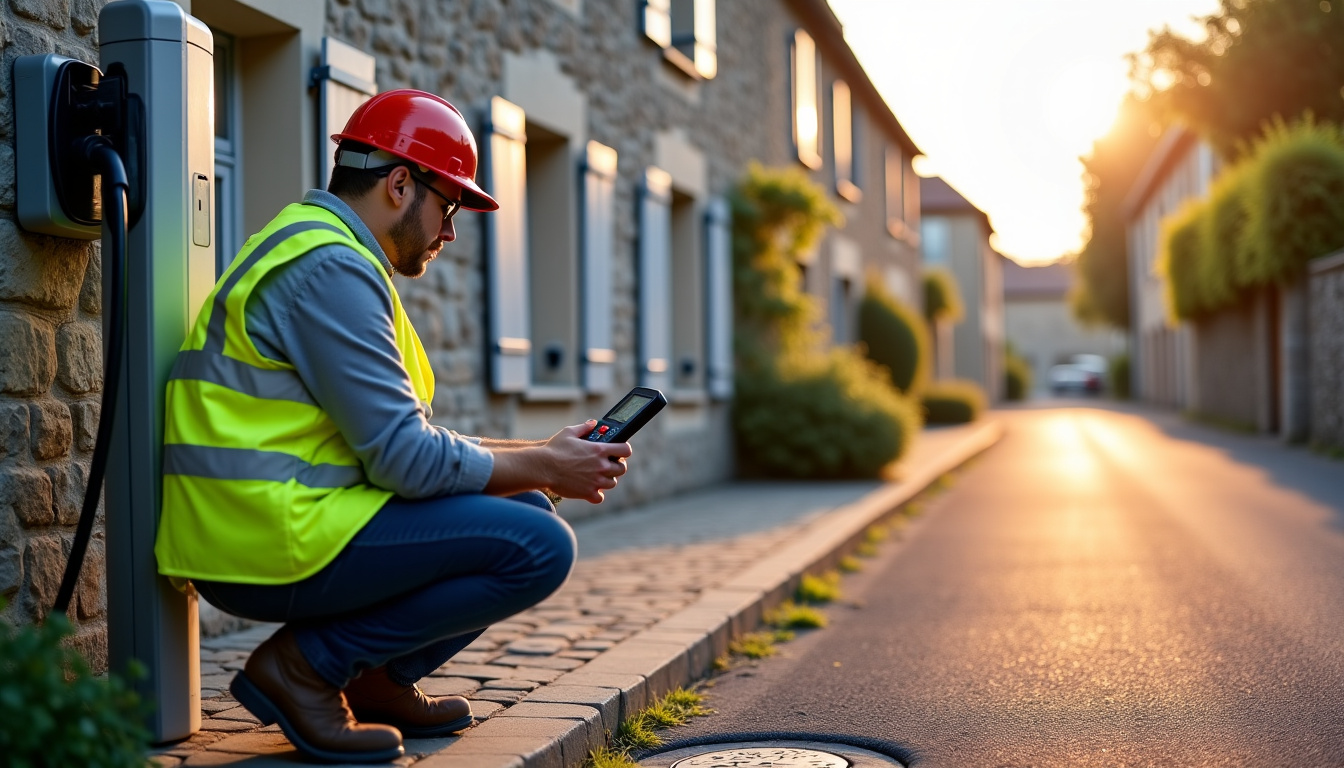 Électricien qualifié IRVE en train de tester une borne de recharge nouvellement installée à Roiffieux