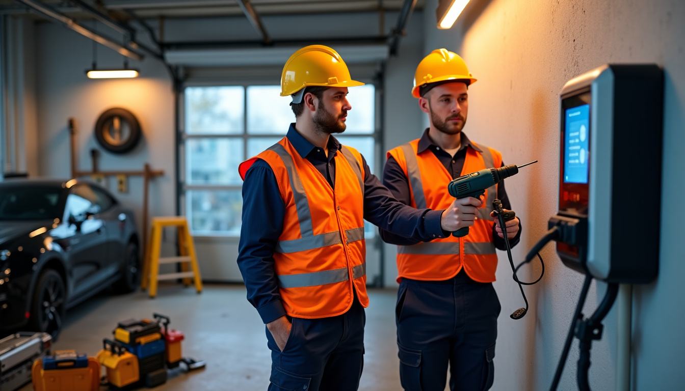 Équipe d’électriciens préparant l’installation d’une borne de recharge dans un garage à Saint-Mars-de-Coutais