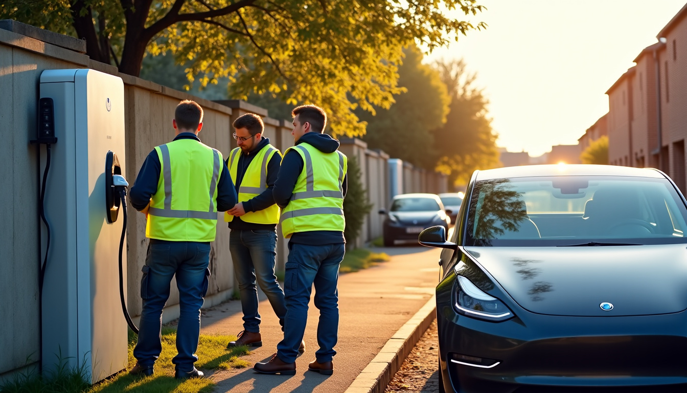 Équipe en train de poser une borne de recharge électrique à Picquigny