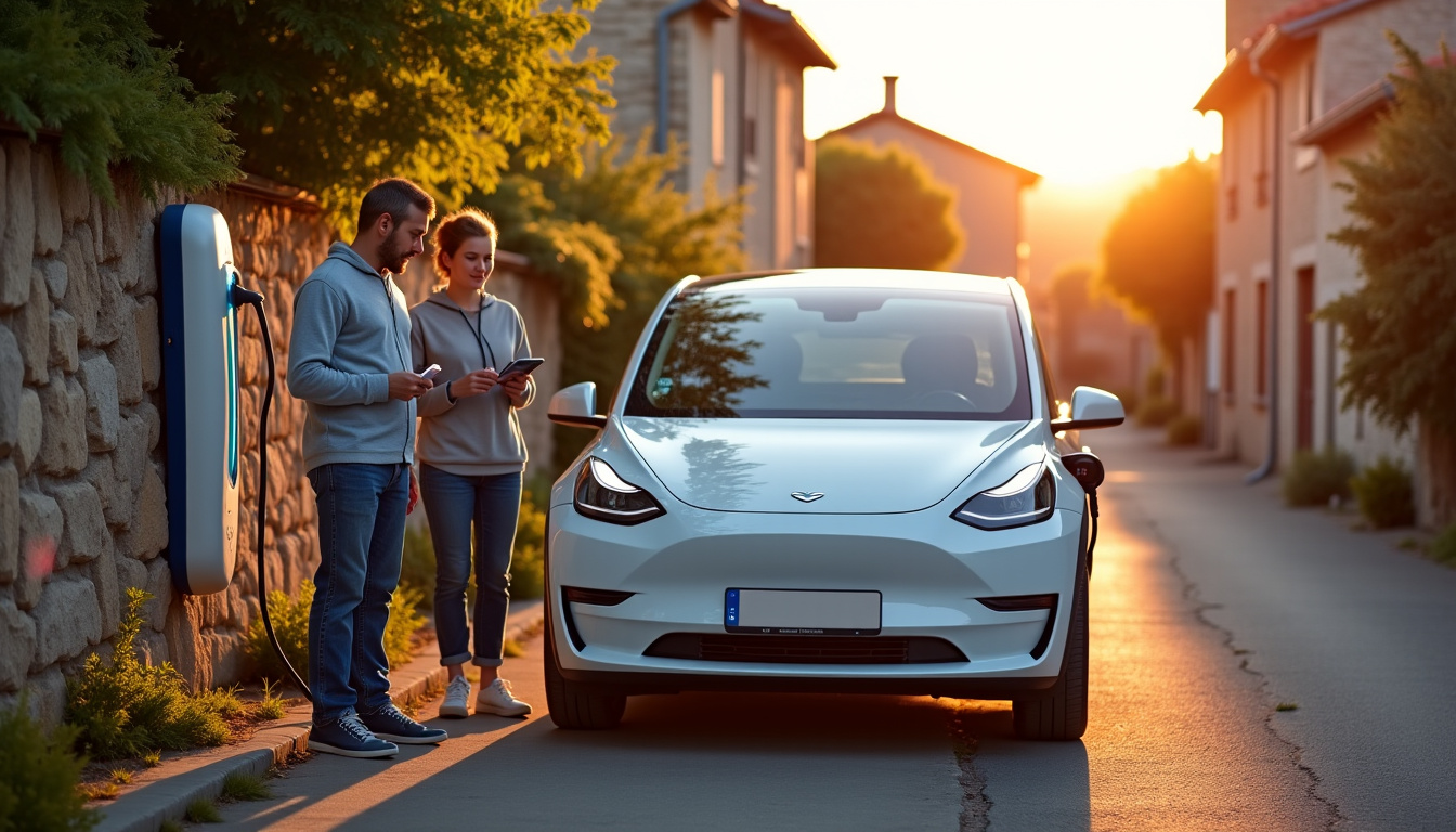 Famille utilisant une borne de recharge connectée via smartphone à Saint-Félix-Lauragais