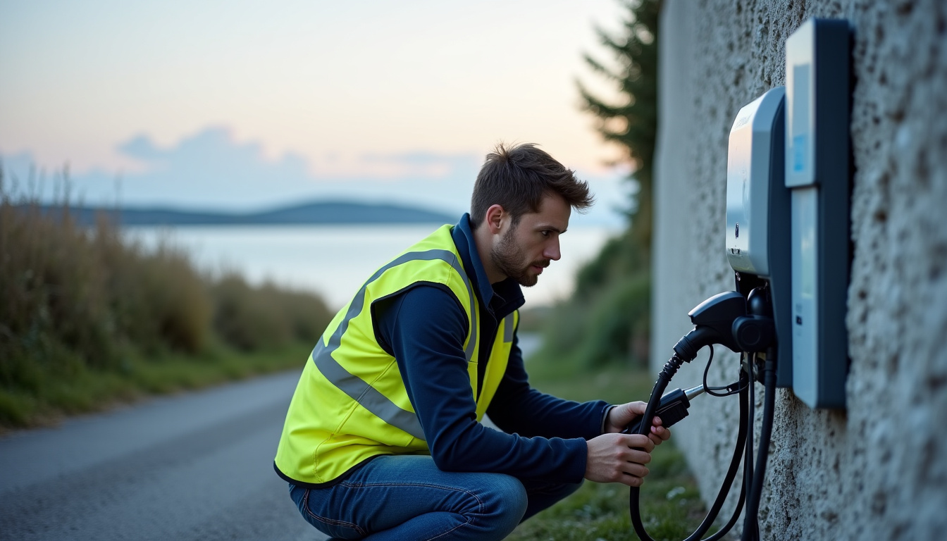 Installateur certifié IRVE en train d’installer une borne électrique à Trévou-Tréguignec