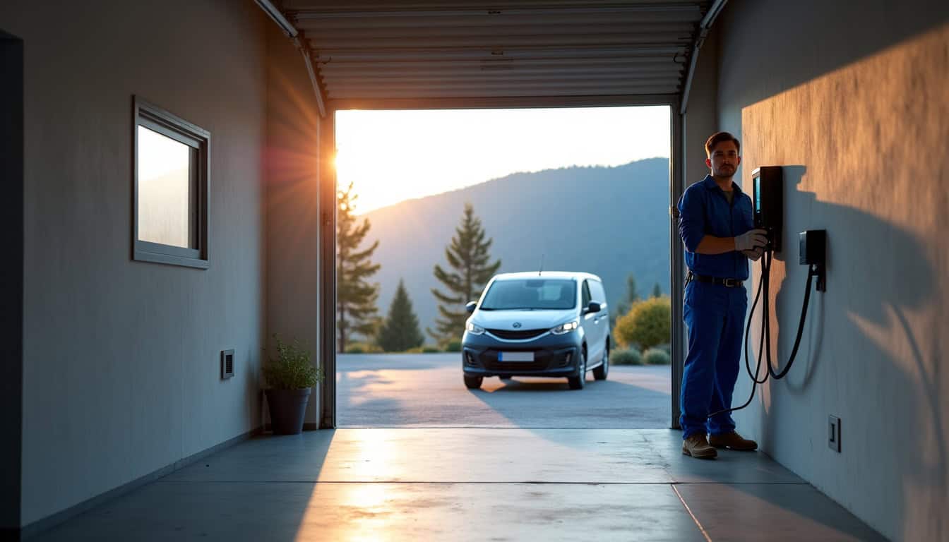 Installation d’une borne de recharge électrique privée dans un garage individuel sur le Plateau-des-Petites-Roches, avec un électricien en train de fixer la borne au mur