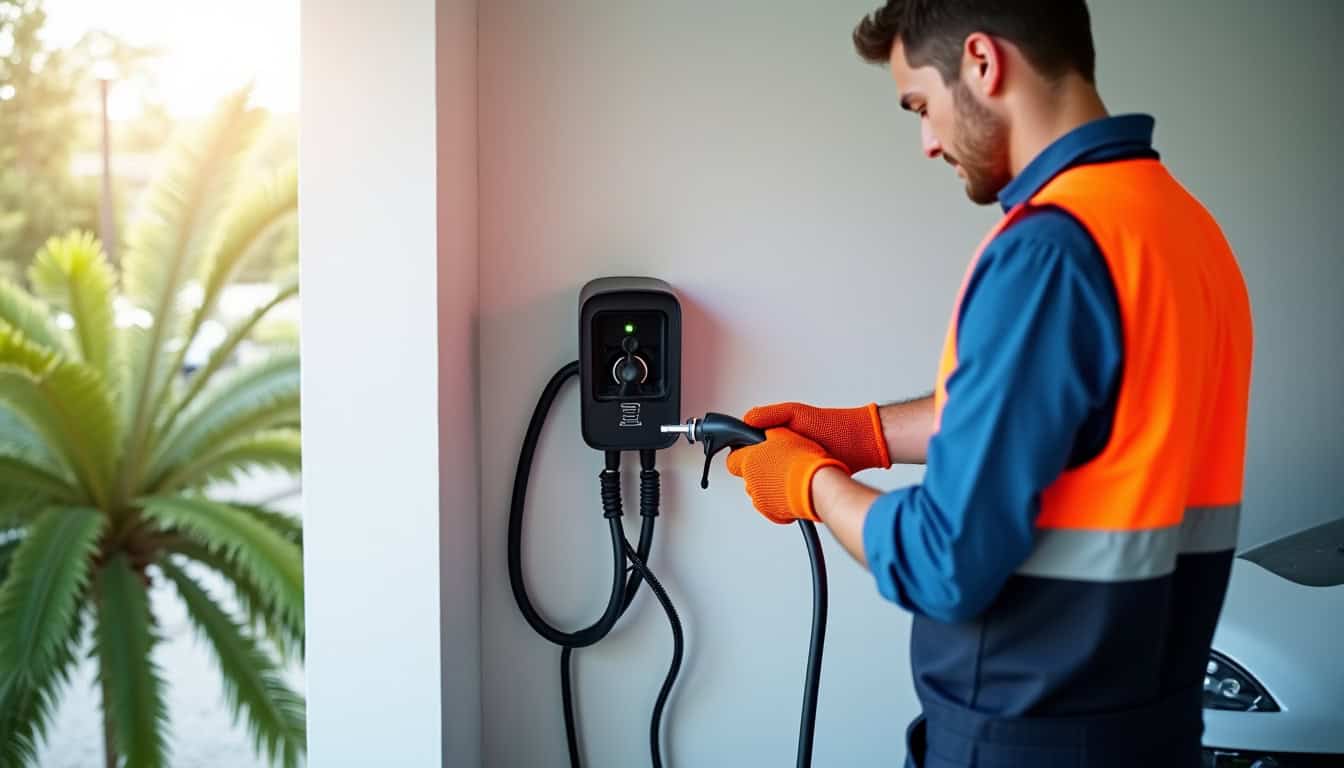 Technicien en train d'évaluer l'installation électrique pour une borne de recharge à Cadalen