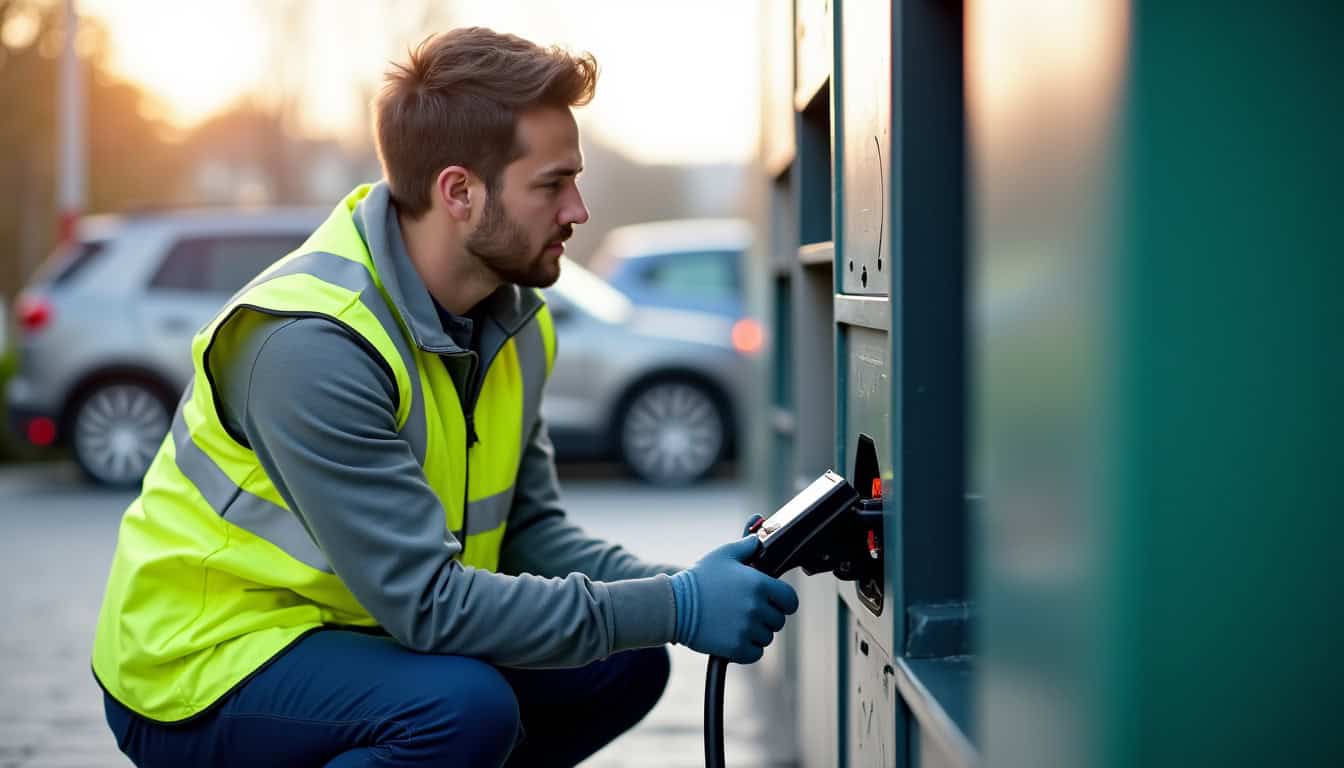 Technicien en train de vérifier le fonctionnement d'une borne de recharge à Cadalen