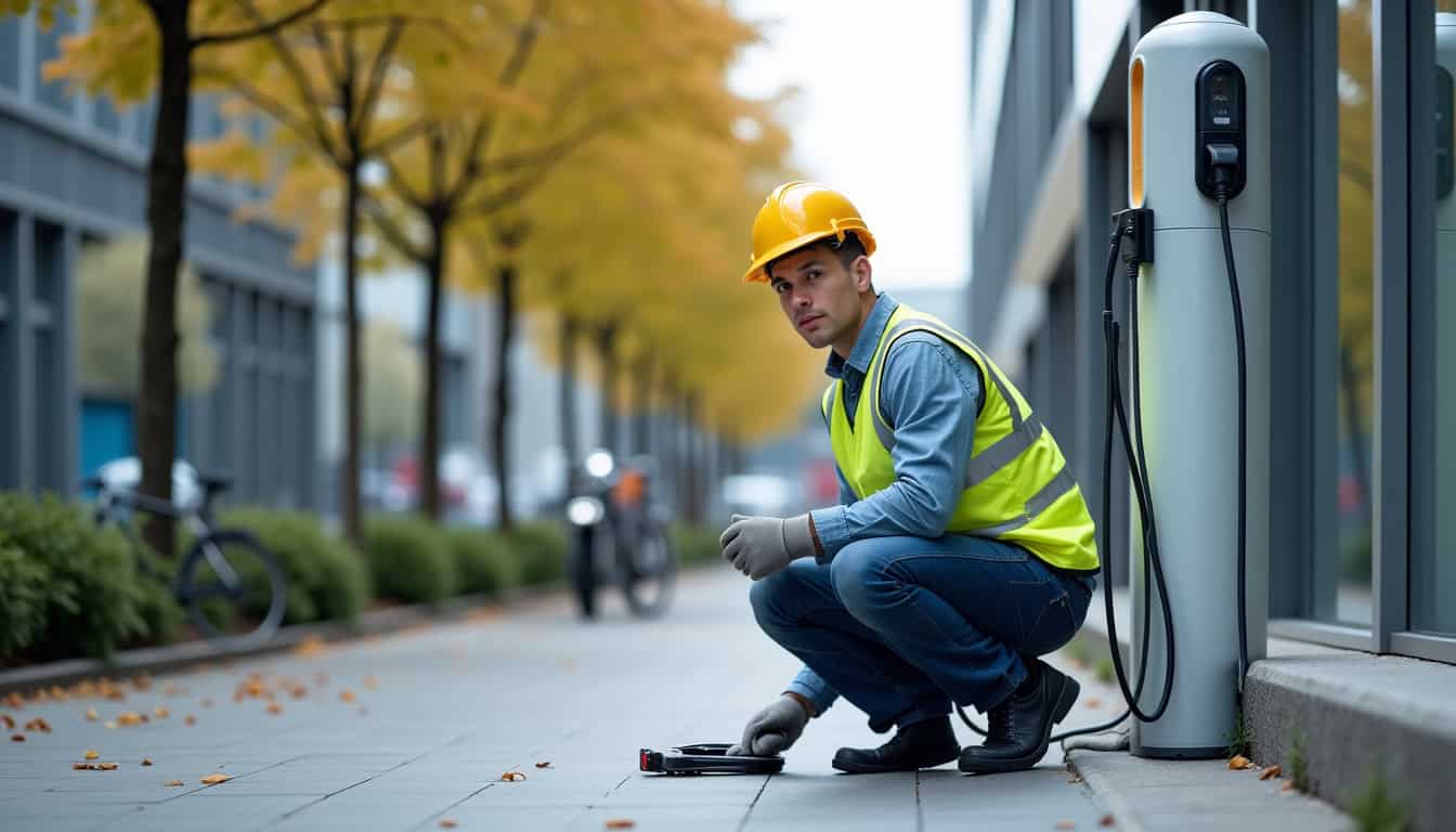 Technicien en train d'installer une borne de recharge électrique sur un mur extérieur