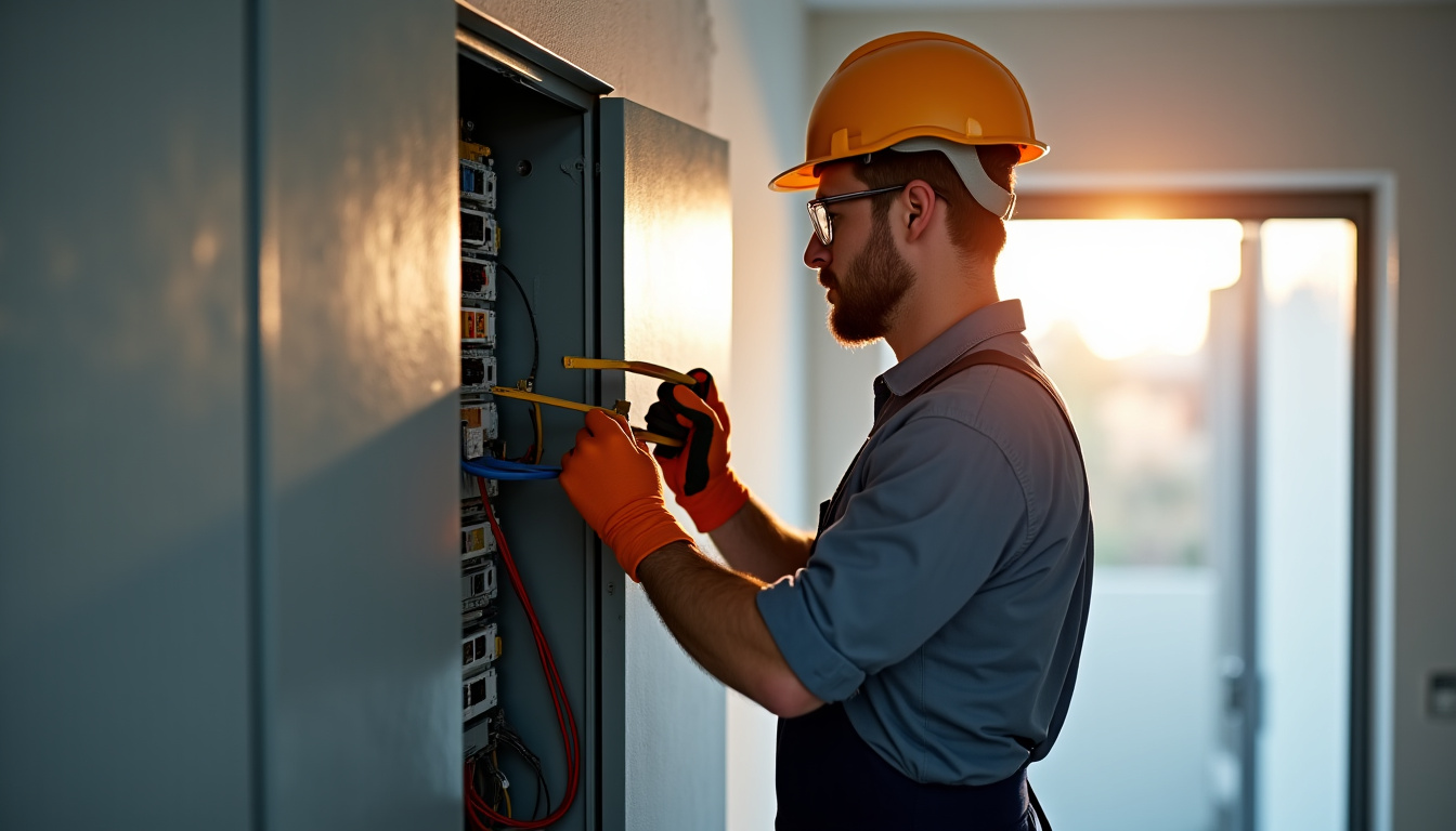 Technicien inspectant le tableau électrique avant l'installation d'une borne de recharge à Coubon