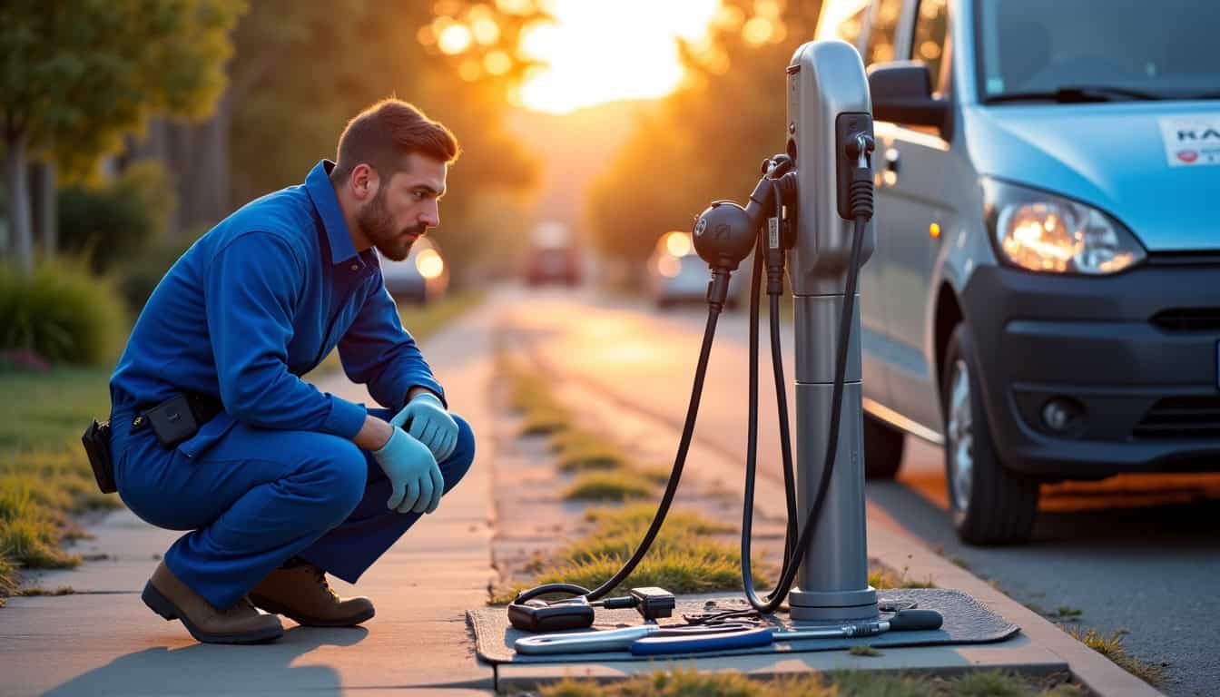 Électricien en train d'installer une borne de recharge électrique dans un garage à Creuzier-le-Neuf