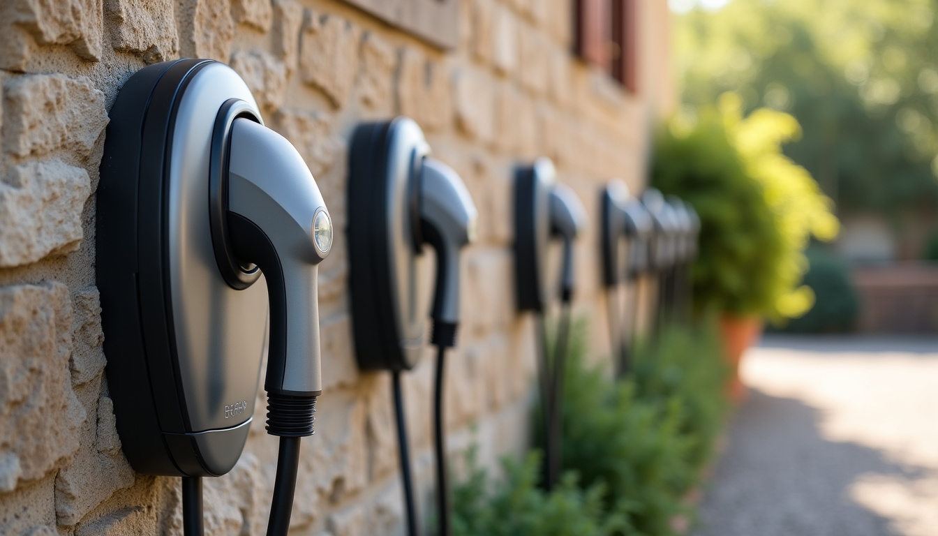 Différents modèles de bornes de recharge installées sur un mur extérieur à Épinouze