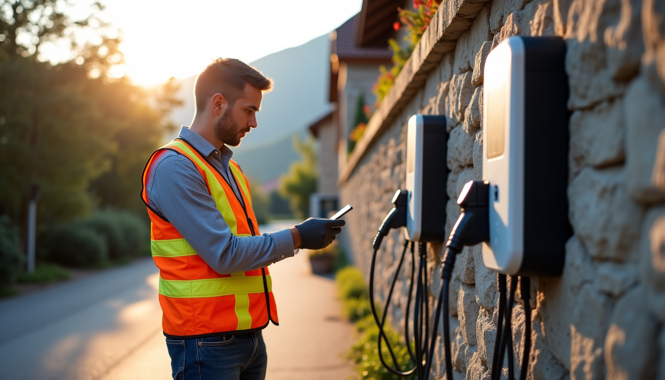 Un installateur certifié IRVE en train de raccorder une borne de recharge à Épinouze