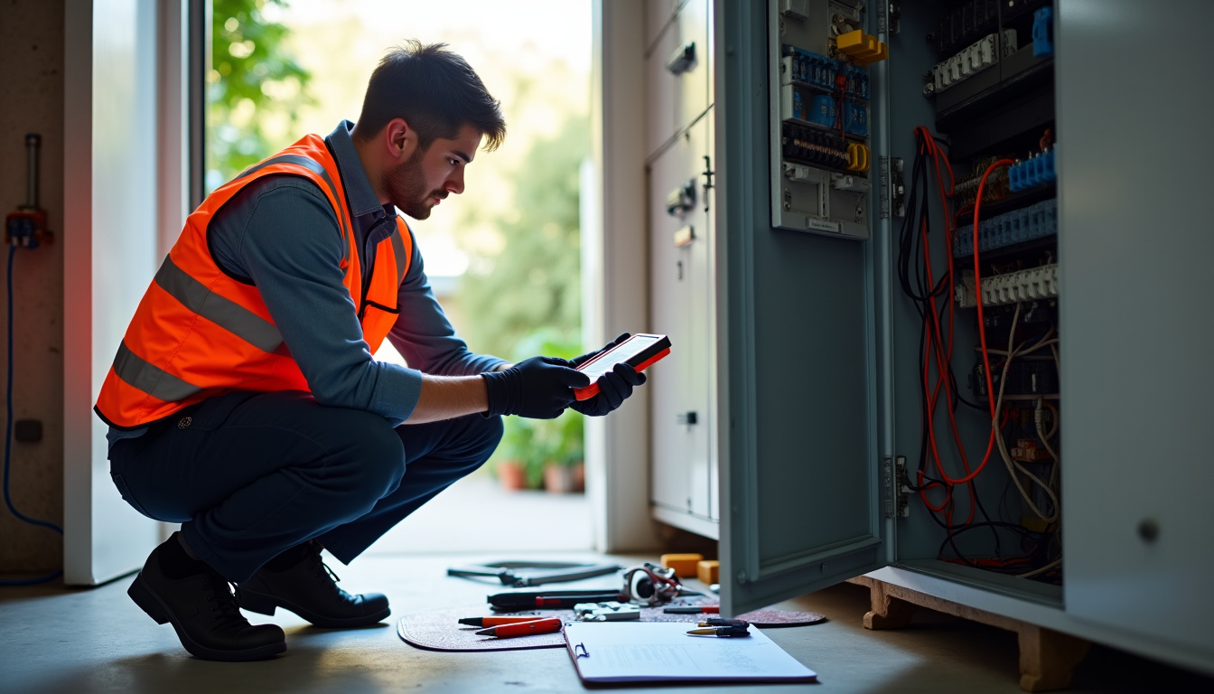 Technicien IRVE effectuant un diagnostic électrique avant l'installation d'une borne de recharge à Grand Bourgtheroulde
