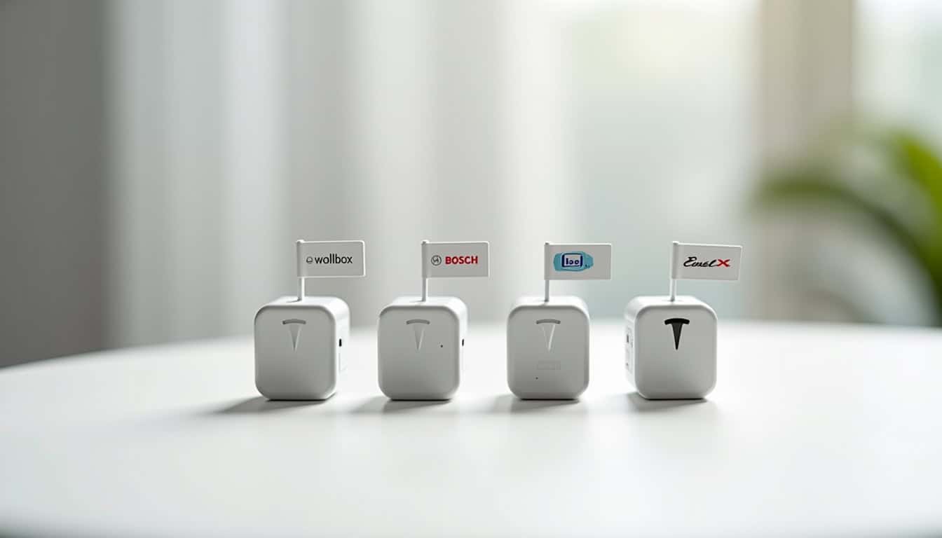 Tableau comparatif des fonctionnalités des bornes Wallbox, Bosch, Enel X et Tesla