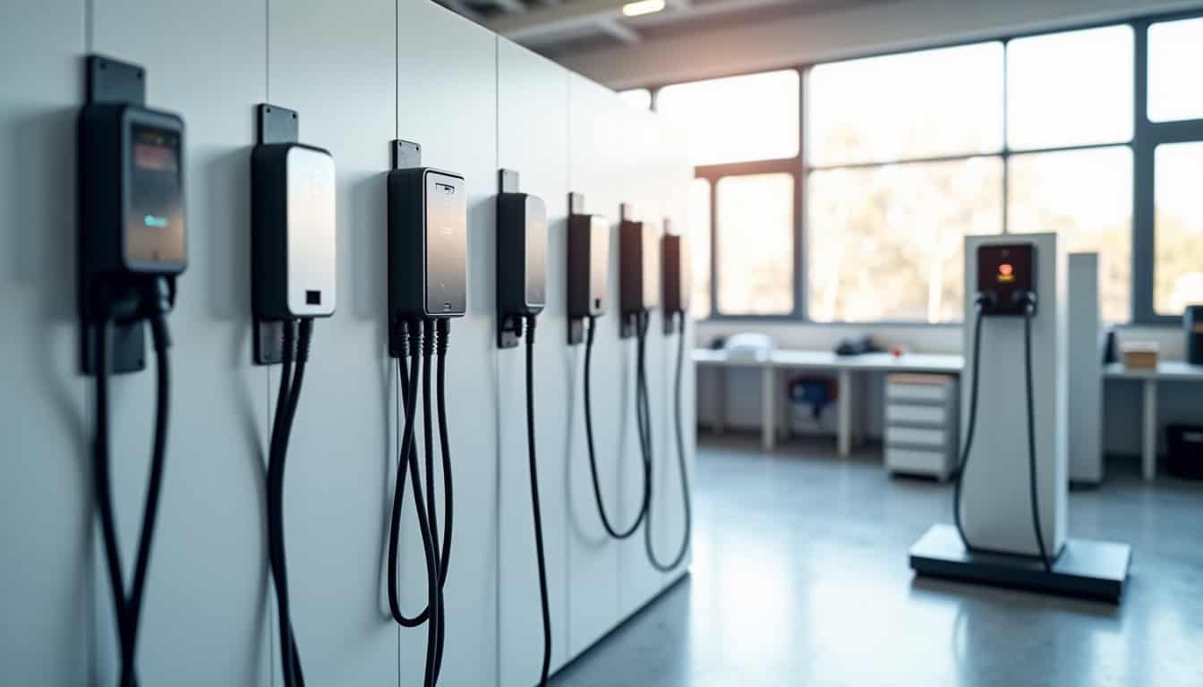 Différents modèles de bornes de recharge électrique exposés dans un atelier, illustrant les variations de design, de connectivité et de puissance