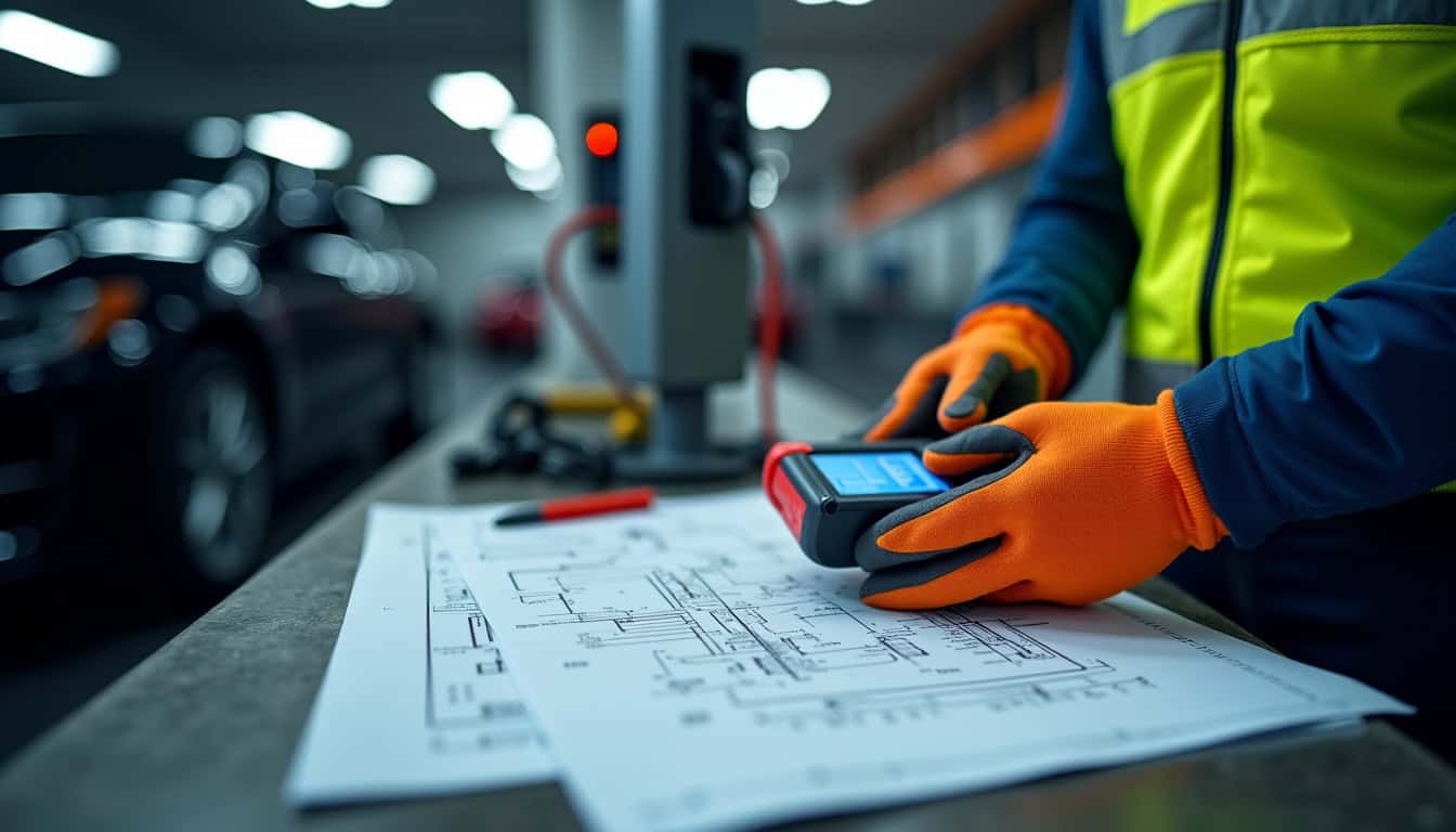 Un technicien IRVE en train d’effectuer un diagnostic électrique dans un garage, avec un multimètre et des plans techniques
