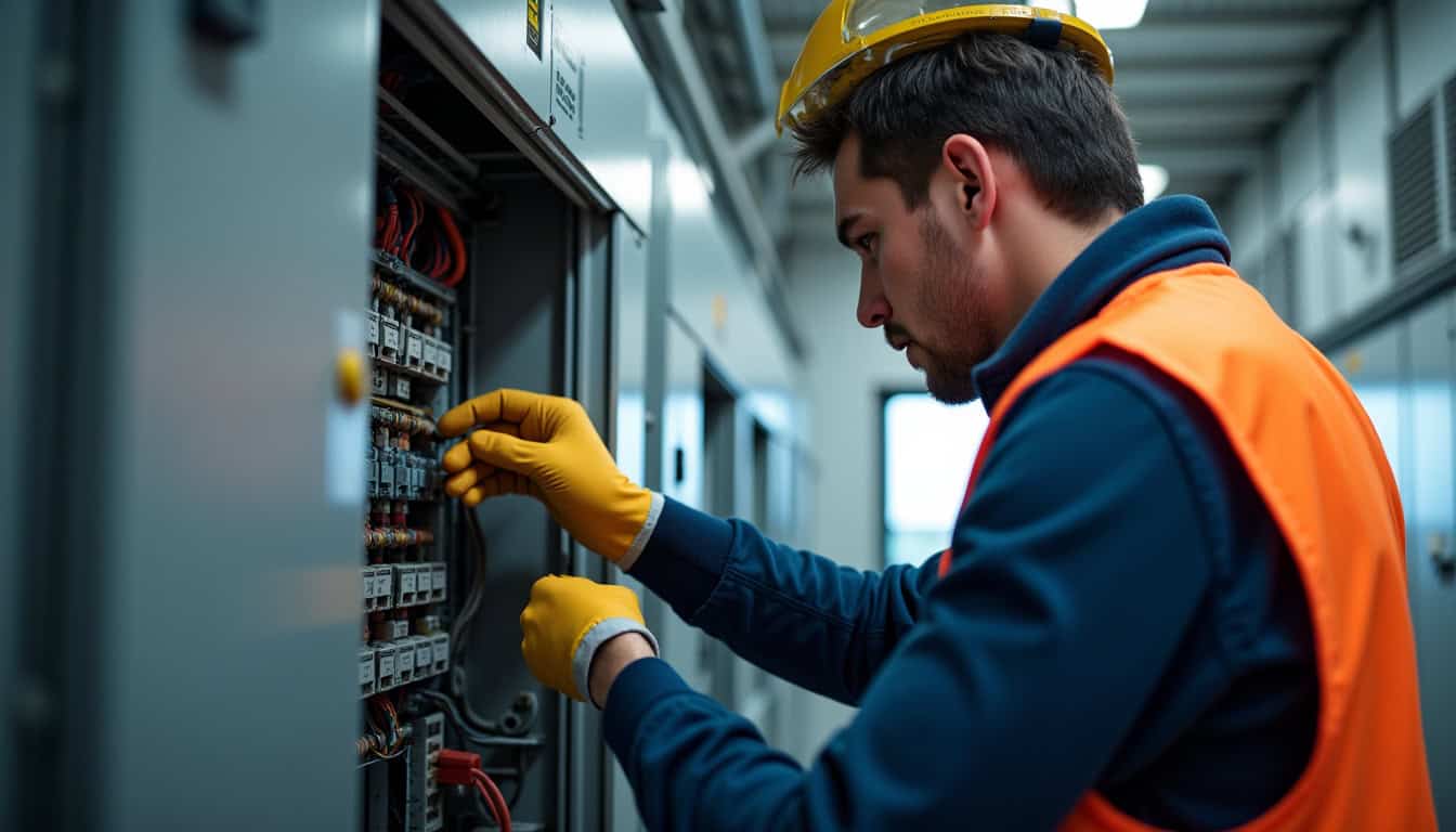 Technicien analysant un tableau électrique lors d'un diagnostic à Les Monts d'Aunay