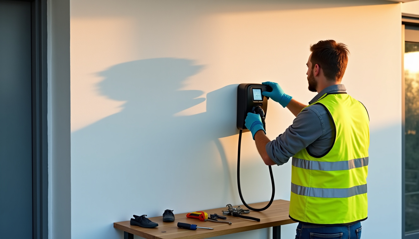 Un professionnel en train d'installer une borne électrique à L'Huisserie