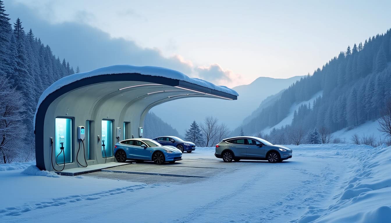 Station de recharge ultra-rapide ENGIE Vianeo à Moûtiers, située sur la N90, avec quatre bornes visibles sous un abri lumineux, entourée de neige et de véhicules électriques en charge