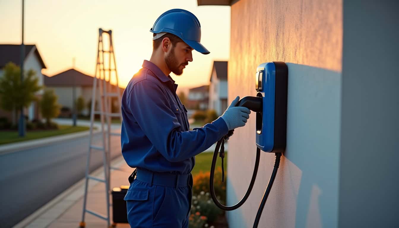 Un électricien en train d'installer une borne de recharge électrique dans un garage à Neuilly-Crimolois