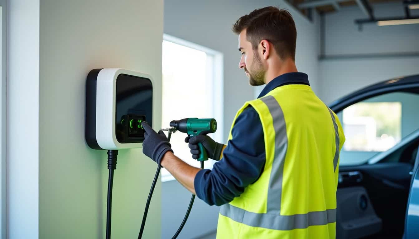 Technicien qualifié IRVE en train d'installer une borne de recharge à Oberhergheim