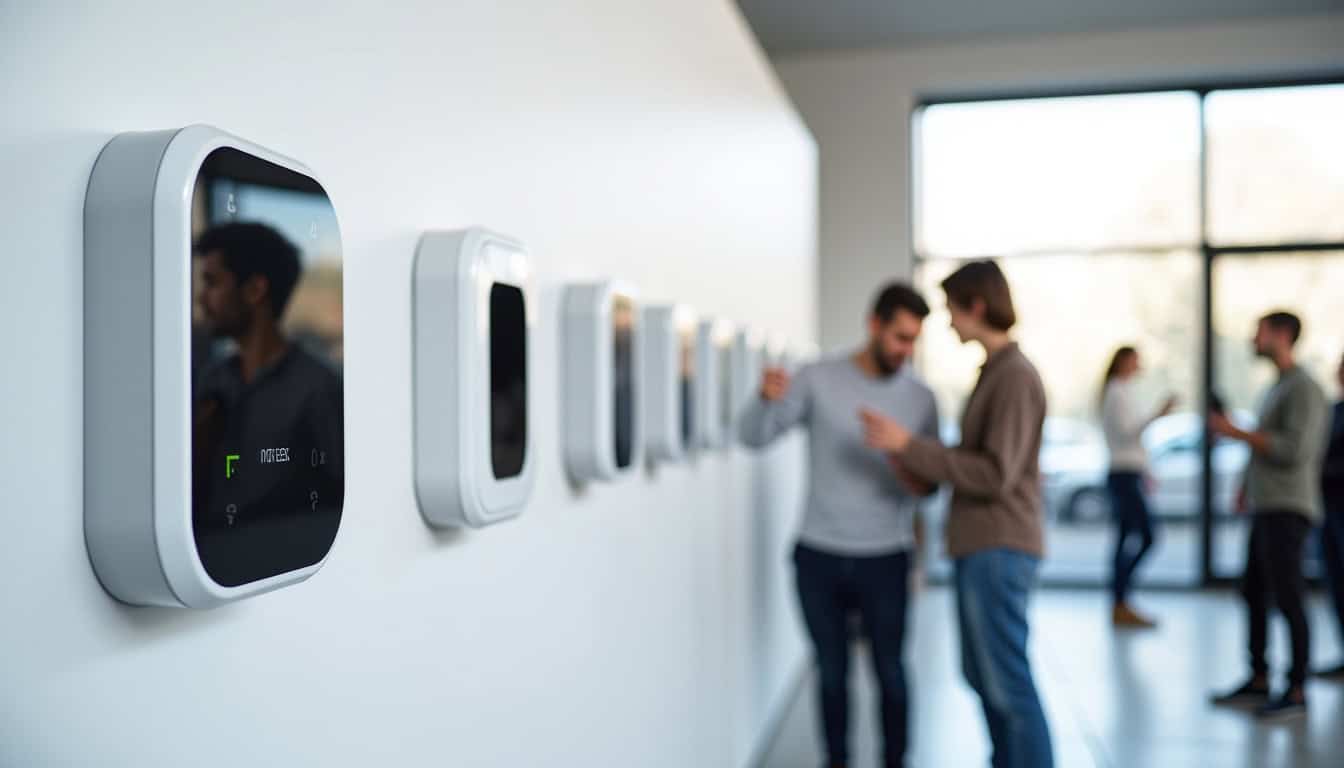 Différents modèles de bornes électriques murales exposés en boutique