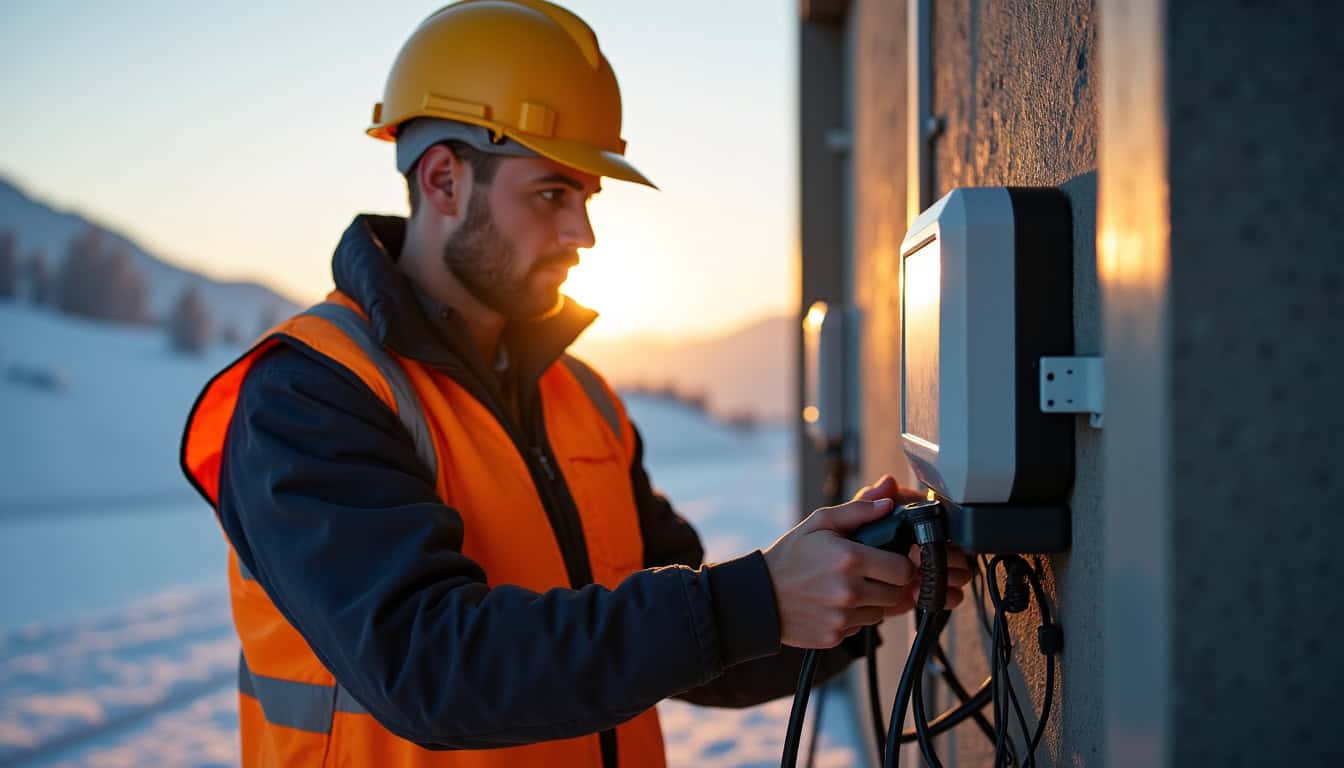 Un électricien en train d'installer une borne électrique murale sur un mur extérieur