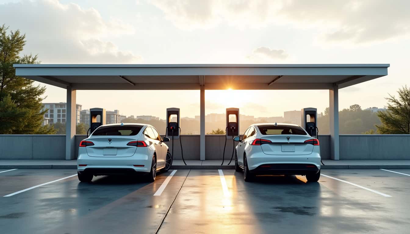 Deux bornes de recharge publiques installées sur un parking municipal à Plateau d'Hauteville