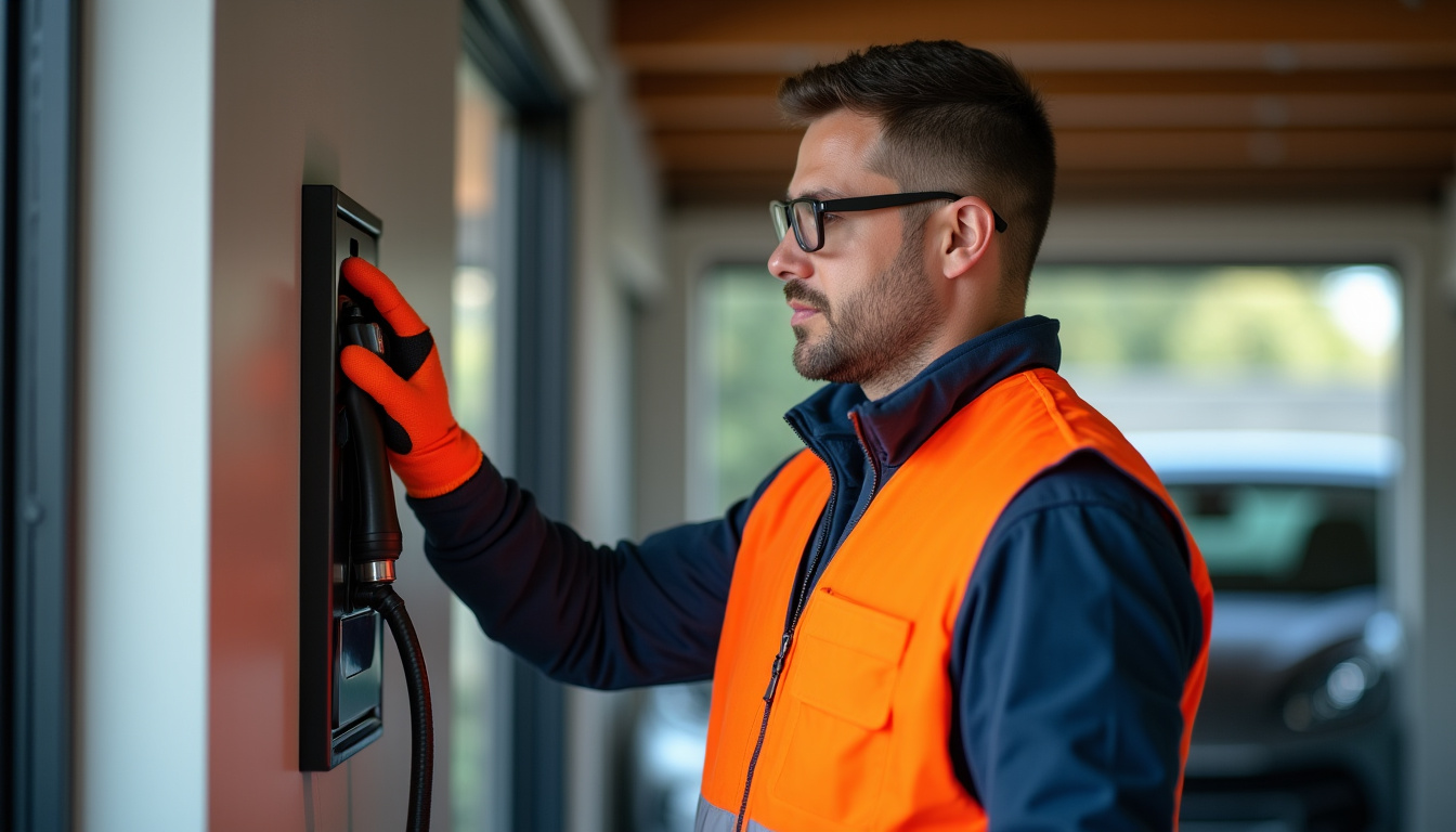 Technicien IRVE vérifiant le tableau électrique avant installation d'une borne de recharge à Plédran
