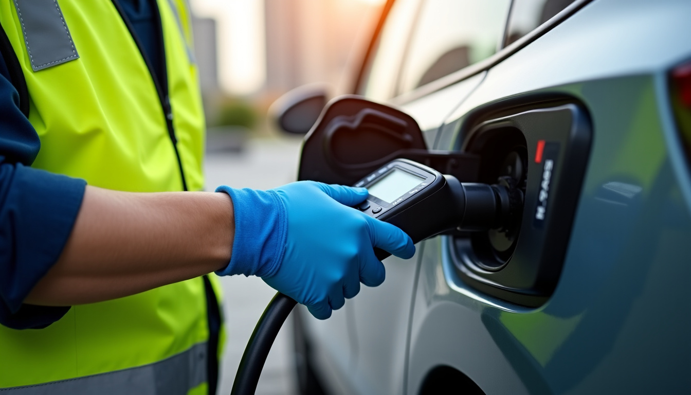 Technicien vérifiant le fonctionnement d'une borne de recharge connectée à Plédran