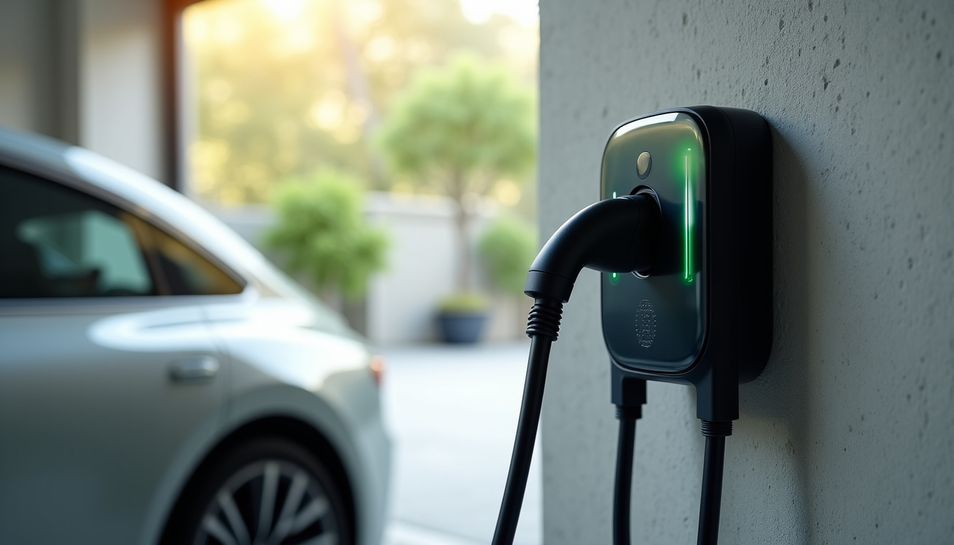 Borne de recharge électrique installée dans le garage d'une maison individuelle à Raismes, en soirée avec éclairage doux