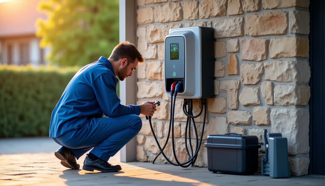Technicien en train d'installer une borne électrique à Rieux
