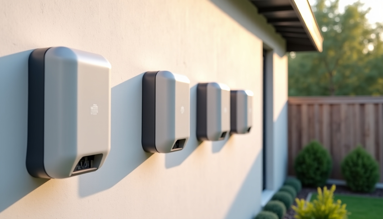 Différents modèles de bornes de recharge domestiques (Wallbox) posées sur un mur extérieur