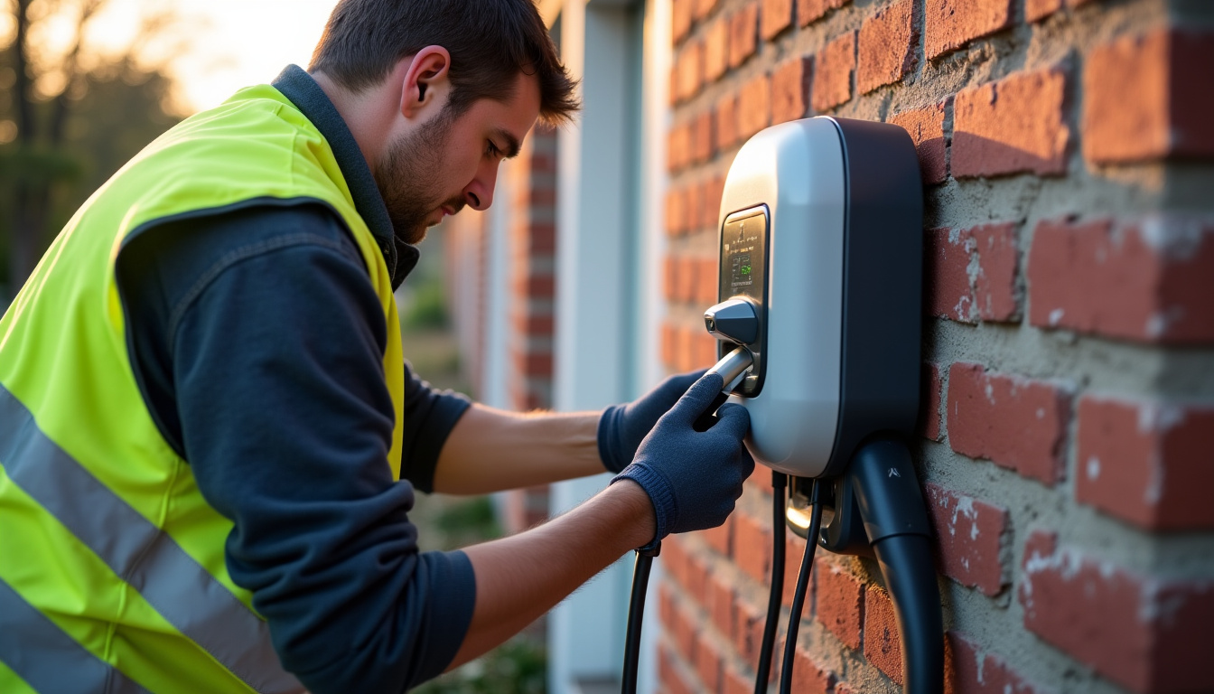 Technicien en train d’installer une borne de recharge électrique sur un mur extérieur à Saint-Saulve