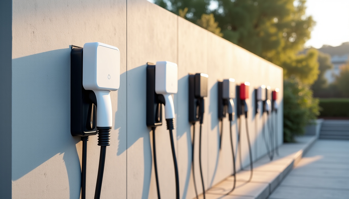 Comparaison de plusieurs modèles de bornes de recharge posées côte à côte sur un mur