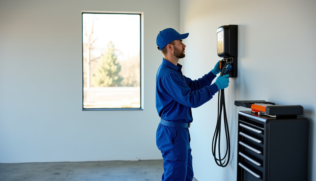 Électricien en train d'installer une borne de recharge dans un garage à Sardieu