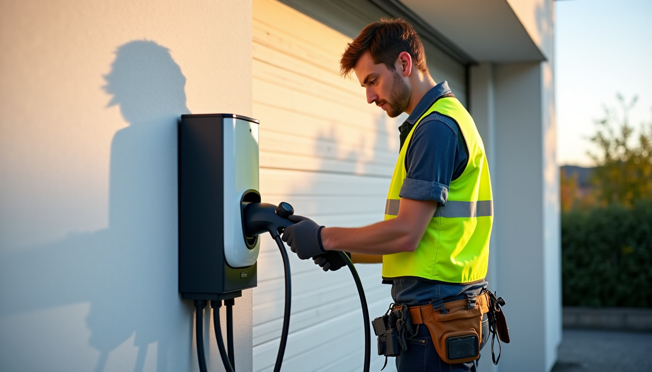 Technicien IRVE en train d'installer une borne de recharge dans un garage à Tressin