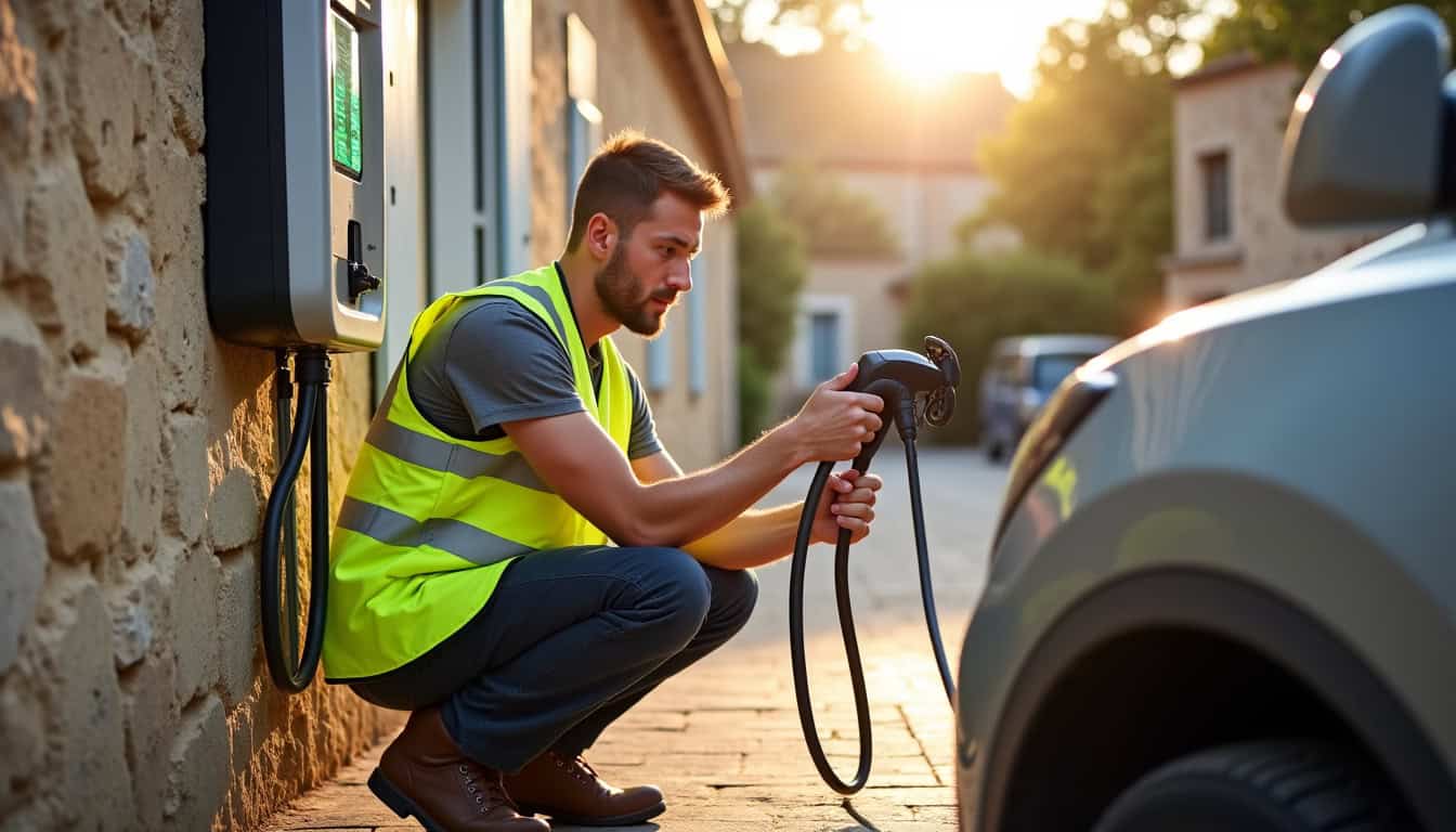 Technicien vérifiant une borne de recharge électrique à Valbonne
