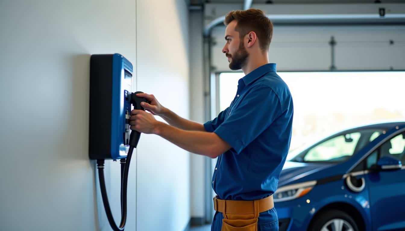 Électricien en train d'installer une borne de recharge dans un garage à Varois-et-Chaignot