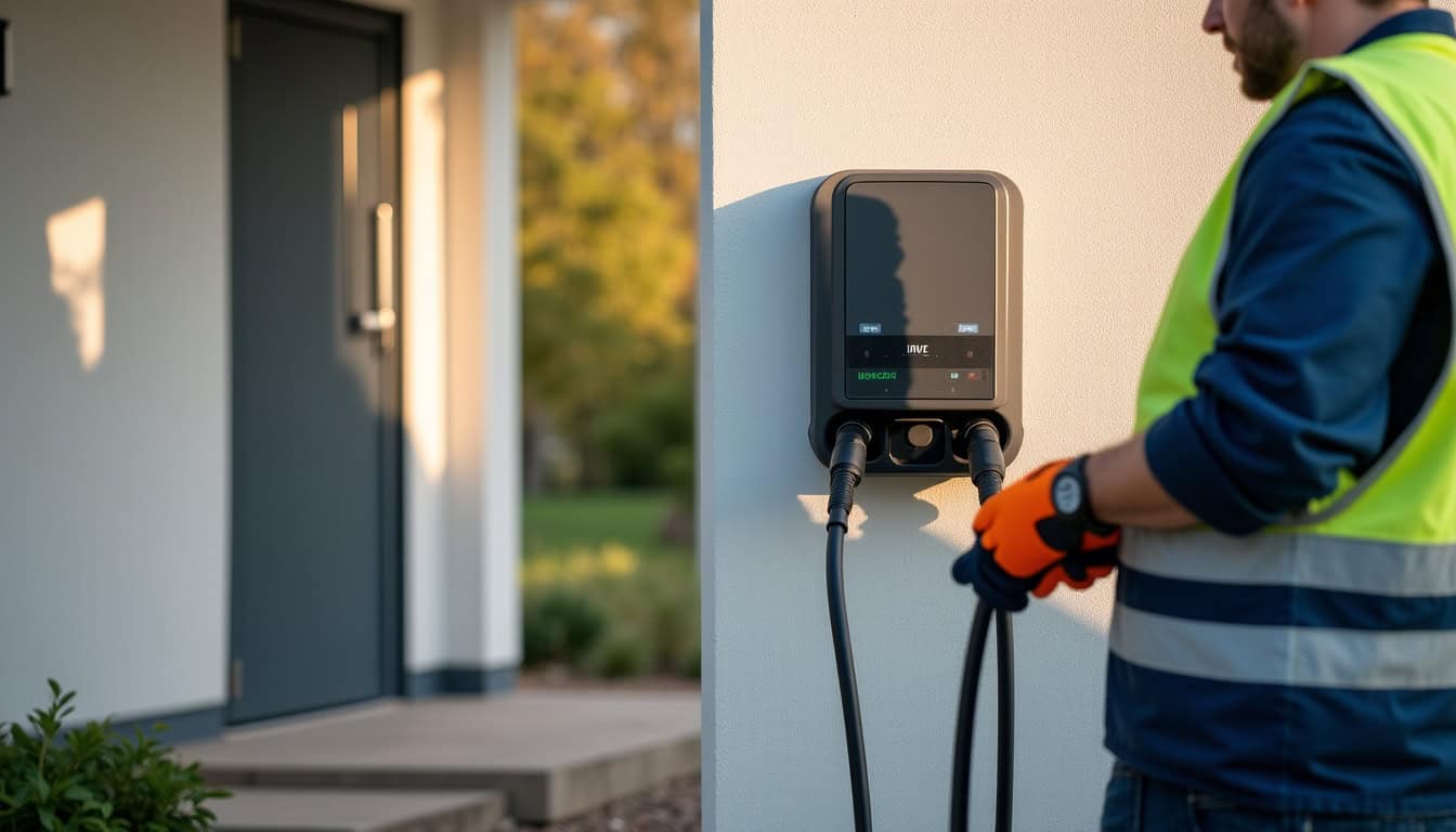 Technicien certifié IRVE en train d'installer une borne de recharge murale à Vay